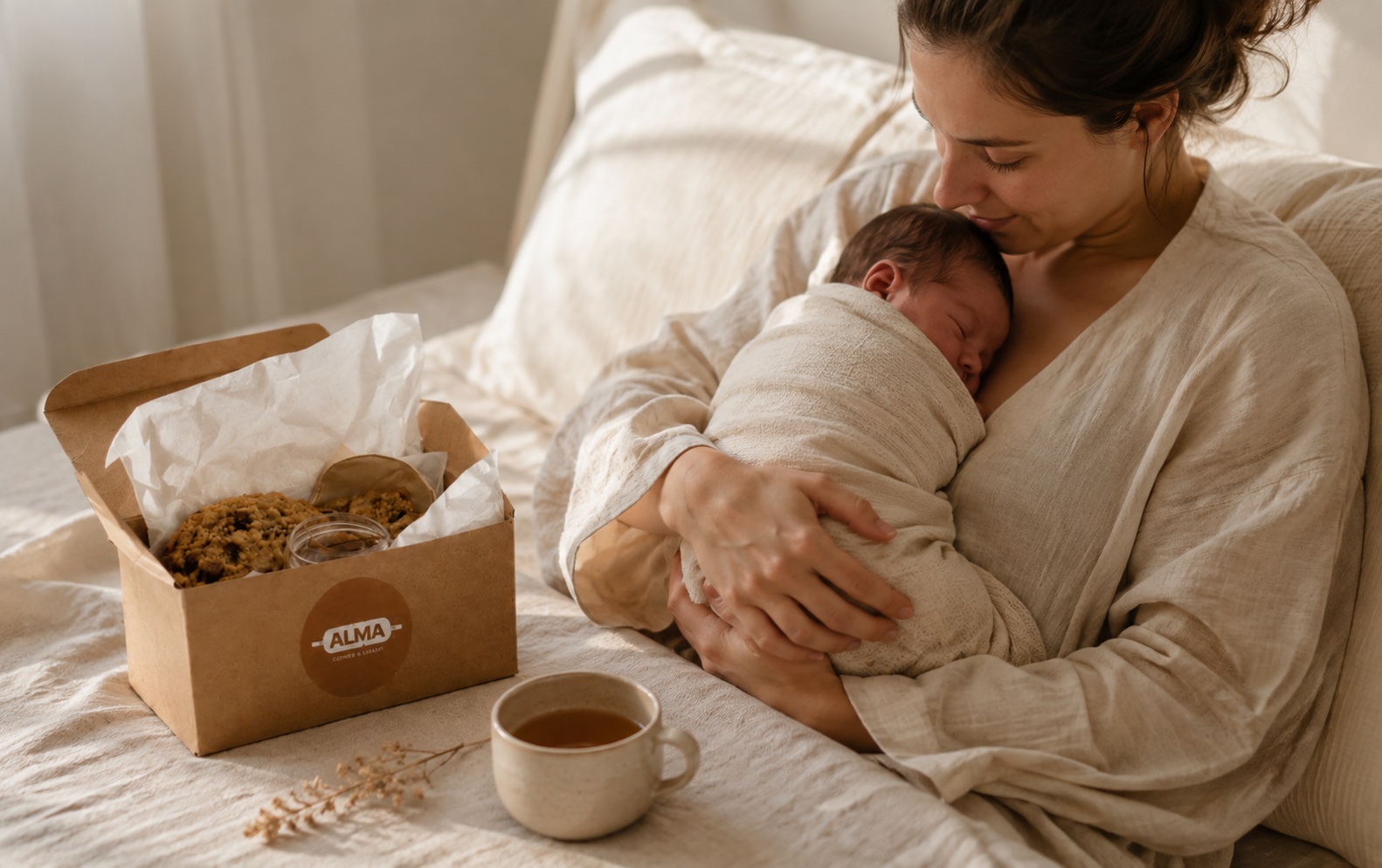 A new mother with her baby beside an Alma box